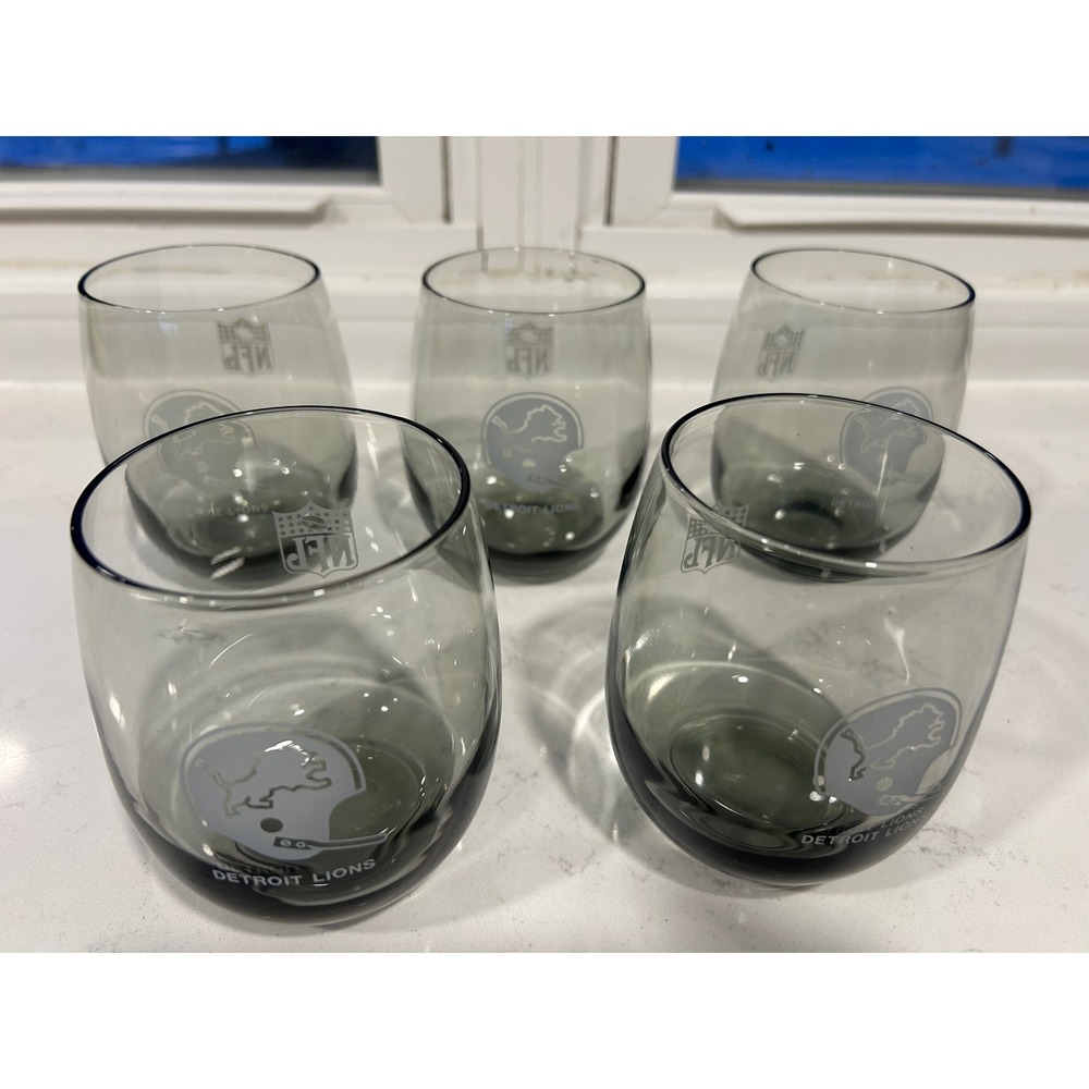 NFL Detroit Lions‎ Smoke Gray Stemless Wine Glasses Set 5 Etched Logo Glassware